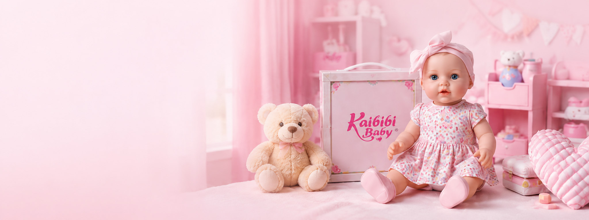 Kaibibi Baby doll, teddy bear and product packaging