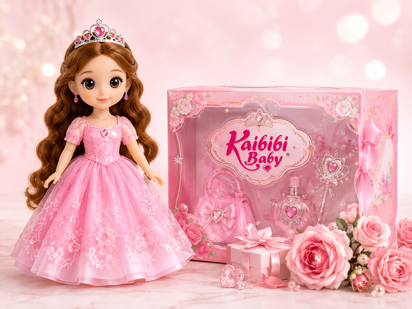 Kaibibi doll with pink product packaging, gifts, and floral decorations