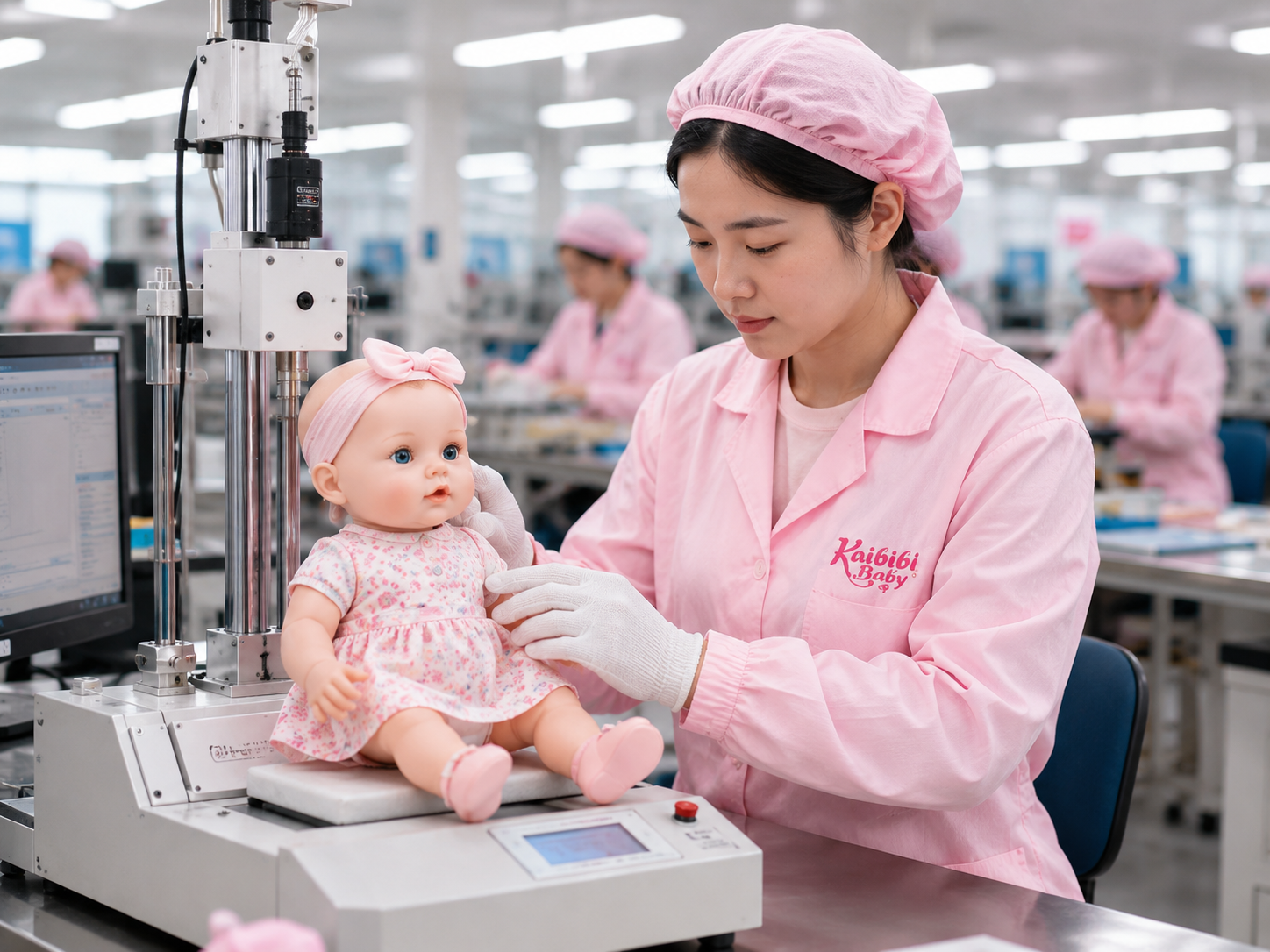 Quality testing of a Kaibibi Baby doll in a factory laboratory