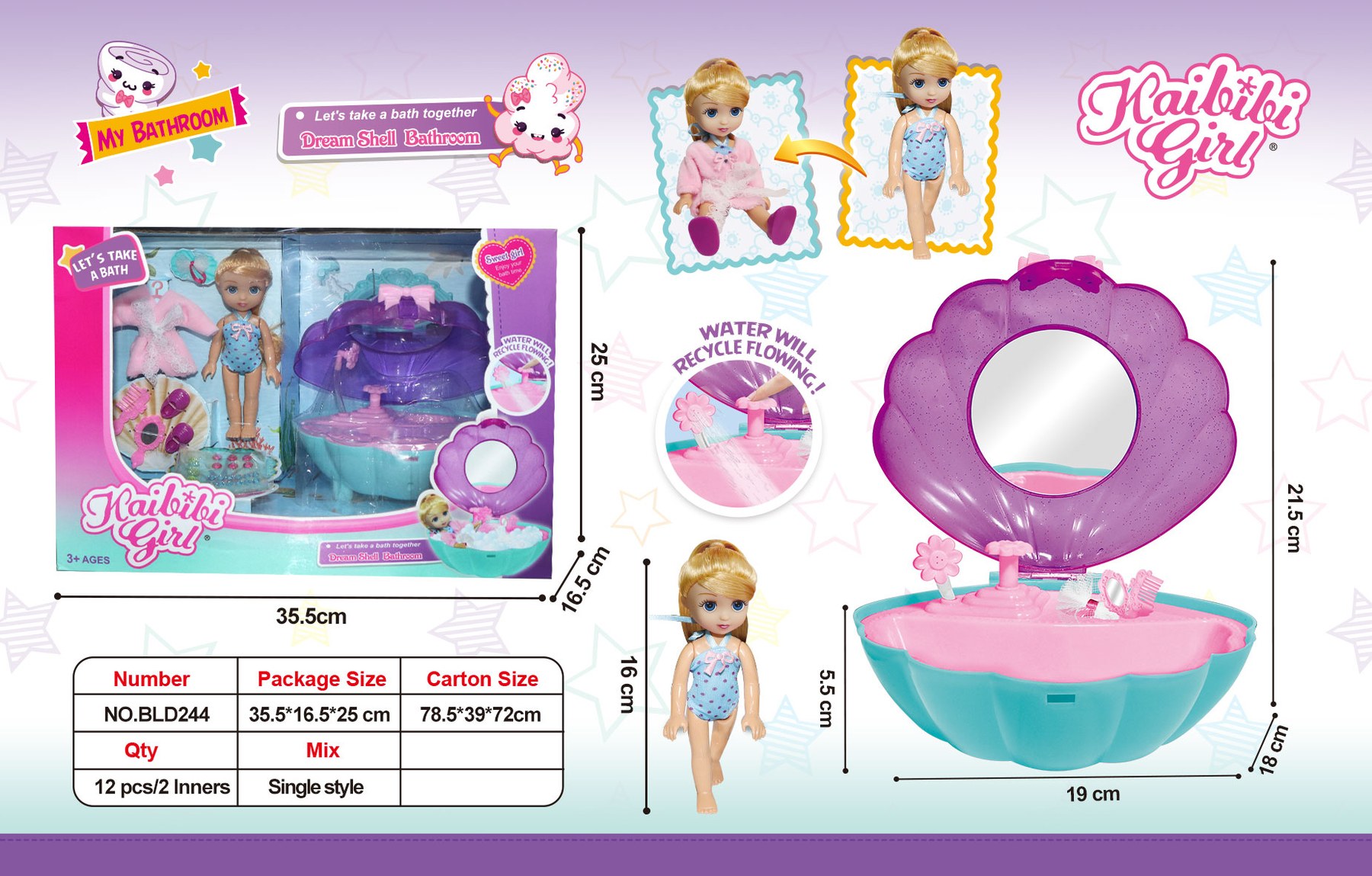 6 Inch Solid Body Kaibibi Girl Doll with Shell Bathtub Playset BLD244