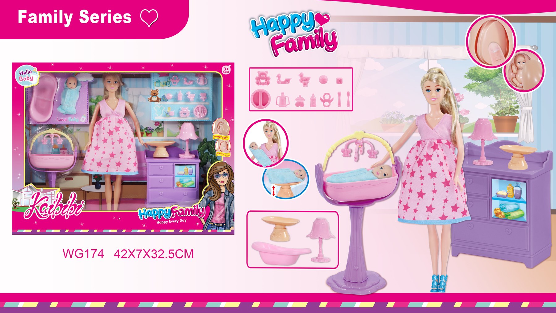11.5-inch Kaibibi Pregnant Doll with Baby Cradle & Storage Cabinet – Deluxe Playset WG174