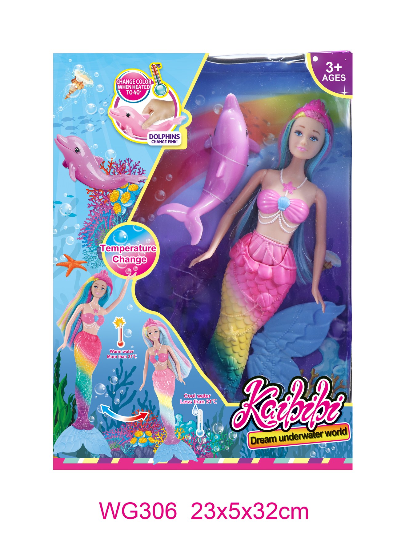 11.5 Inch Kaibibi Doll Color Changing Mermaid with Dolphin Set (Mermaid Body, Hair & Dolphin Change Color with Temperature) WG306